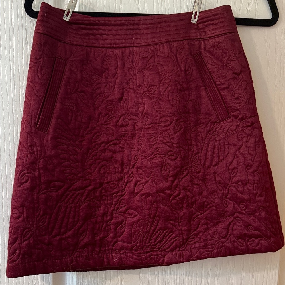 Anthropologie Burgundy Embroidered Mini Skirt